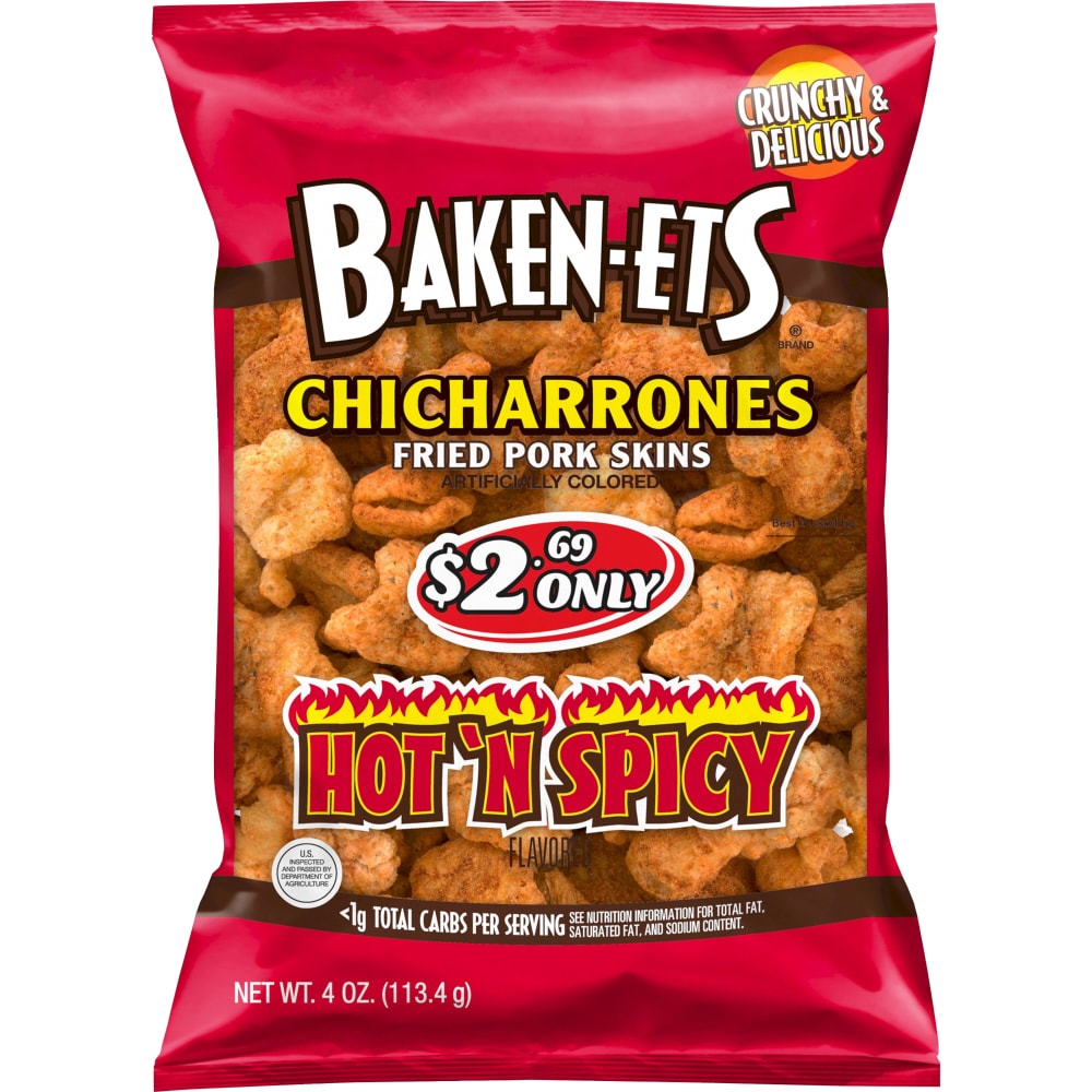 Baken-Ets Hot 'n Spicy Flavored Fried Pork Skins - 4 Ounce