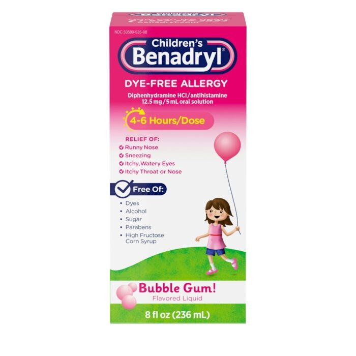 Children's Benadryl Allergy, Dye Free, Liquid, Bubble Gum! Flavored 8 Fl Oz Children's Benadryl Allergy, Dye Free, Liquid, Bubble Gum! Flavored 8 Fl Oz