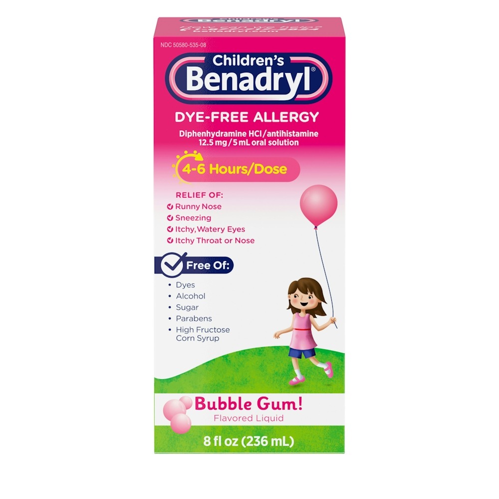 Children's Benadryl Allergy, Dye Free, Liquid, Bubble Gum! Flavored 8 Fl Oz